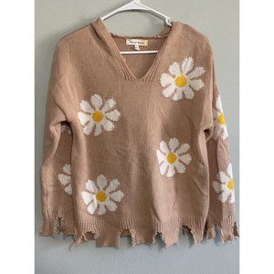 Hazel Moon Women’s Small Flower V-Neck Pullover Hoodie Sweater Distressed Hem